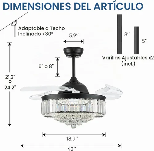 Vista 2 de Ventilador de techo de 42 pulgadas con luz, ventilador retráctil