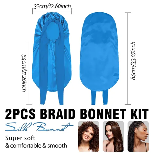 Vista 5 de 2 Gorros para Mujeres Negras Gorro de Trenzas, Gorro de Satén Grande y Largo para Trenzas, Gorro de Seda con Banda de Amarre Elástica Extensible