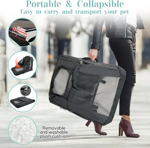 Vista 4 de Fhiny Transportador grande para gatos 2 gatos, 24 x 17 x 17 pulgadas, suave jaula para perros, plegable, portátil, bolsa de transporte para Negro