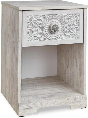 Vista 9 de Signature Design by Ashley Shawburn Farmhouse - Mesita de noche con 1 cajón, color blanco y gris