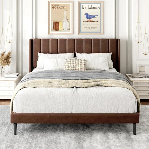 Vista 15 de Gruwans Base de cama de tamaño individual con cabecera tapizada con respaldo de ala, plataforma de fácil montaje, soporte de listones de madera,