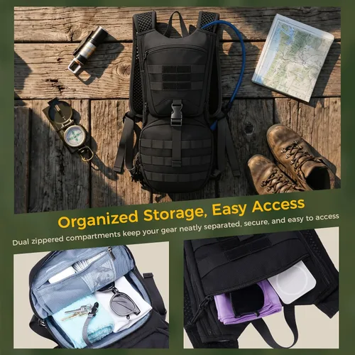 Vista 4 de Blue Quartz Hydration Backpack with 3L Water Bladder, Lightweight Hiking Backpack with Phone Pocket, Tactical Molle Water Backpack for Running Negro