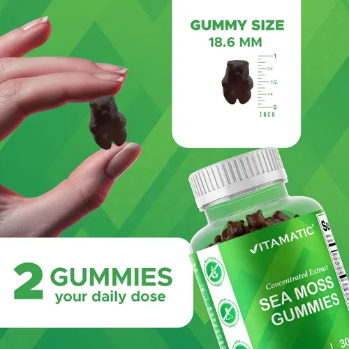 Vista 4 de Vitamatic Gomitas de musgo marino irlandés con vejiga y raíz de bardana, suplemento de extracto botánico, vegano, sin OMG, 60 unidades, paquete de 2