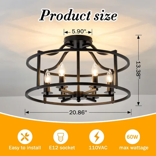 Vista 2 de UOFUS Lámpara de techo negra de 6 luces de metal para comedor, moderna, industrial, semiempotrada, para cocina, isla, dormitorio, entrada, pasillo