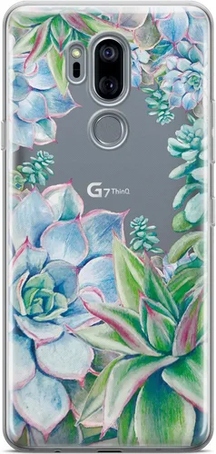 Vista 4 de Mertak Funda transparente compatible con LG Stylo 6 5 4 K61 K51S K41S K30 K20 Q70 Q60 diseño azul ligero flexible diseño suculento mujeres hojas