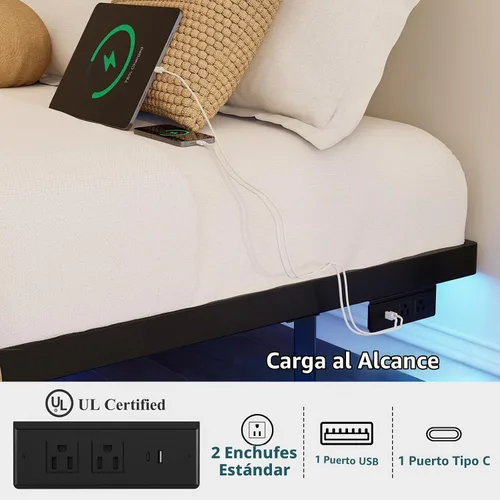 Vista 4 de Base de cama flotante de tamaño individual con luces LED y estación de carga, cama moderna de plataforma de metal, resistente, fácil montaje,