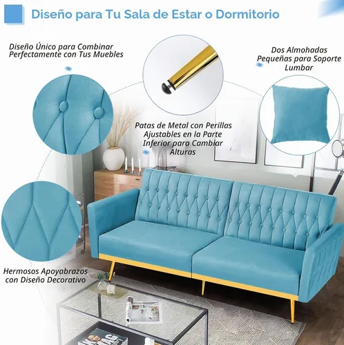 Vista 4 de Sofá cama futón de terciopelo de 70 pulgadas con reposabrazos ajustables, color azul bebé