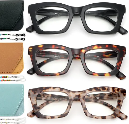 Vista 8 de REAVEE Paquete de 3 lentes de lectura estilo Oprah con cadena, lectores para mujer, bloqueo de luz azul con bisagra de resorte
