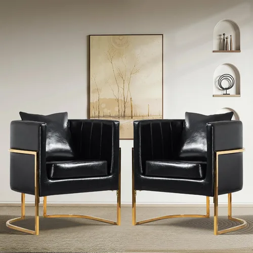 Vista 3 de Silla moderna de cuero, sillón tapizado de mediados de siglo con almohada para sala de estar, cómoda silla de tocador individual con patas doradas