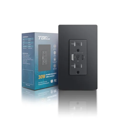 Vista 10 de TOPELER Toma de pared USB C, 30 W PD3.0 y tomas de corriente USB PPS, toma de corriente eléctrica resistente a manipulaciones de 15 amperios