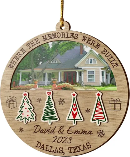 Vista 19 de V VIBEPY Adornos personalizados para casa nueva, adornos de Navidad para el hogar, adornos de madera de Navidad, 3.5 pulgadas, adornos de 3 capas
