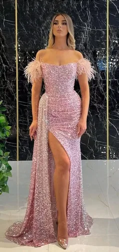 Vista 3 de Vestidos de fiesta de lentejuelas de plumas 2023 vestidos de noche de sirena con hombros descubiertos vestidos de boda formales con abertura