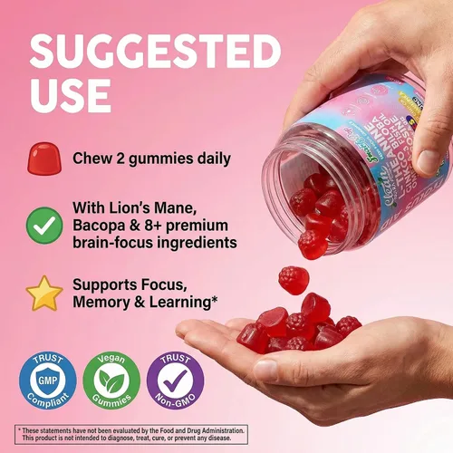 Vista 6 de Clean Nutra Kids Focus - Gomitas con L-teanina, ginkgo biloba, aceite de pescado omega-3, L-tirosina, vitamina B6, B12-60 unidades, etiqueta limpia