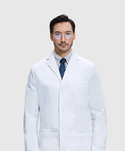Vista 5 de Dr. James Abrigo de laboratorio de calidad para hombre, ajuste a medida, bolsillos para tableta de smartphone, 38 pulgadas