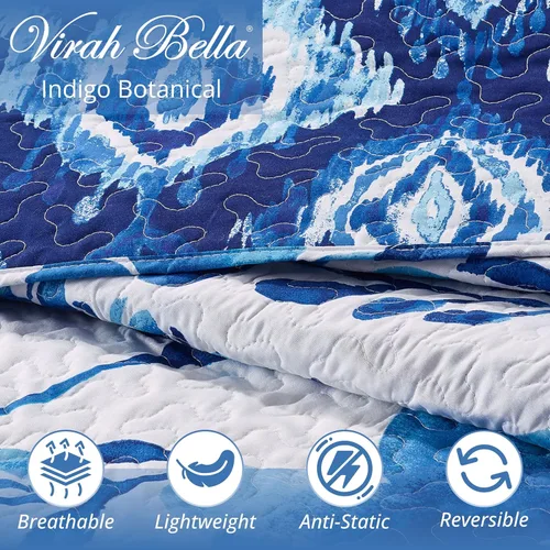 Vista 3 de Virah Bella Juego de ropa de cama tamaño matrimonial/queen, edredón reversible ligero con estampado botánico índigo, con 2 fundas de almohada a