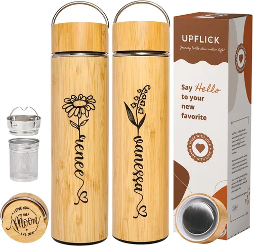Vista 17 de Botella de agua de bambú aislada para hombres, regalo de cumpleaños, juego de té de viaje para mujeres con difusor para hojas de té sueltas, regalo
