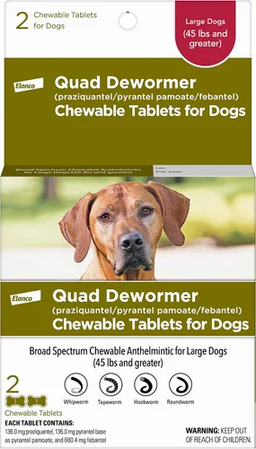 Vista 9 de Elanco Desparasitador cuádruple masticable para perros pequeños, 2-25 libras, 4 tabletas masticables, blanco