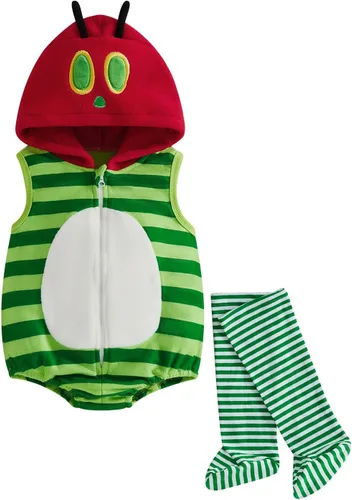 Vista 18 de Disfraz de Halloween para bebé, niño, niña, con capucha, sin mangas, overol con leggings, disfraz de Halloween Disfraz de pato verde