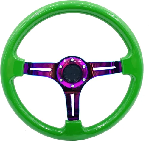 Vista 16 de Volante de Carreras de Coche de 6 Pernos Marco de Radios Neo Cromado Arcoíris Volante Universal de Posventa Compatible con Coche y Juego de Negro