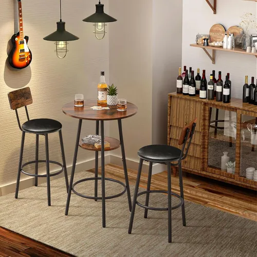 Vista 7 de Juego de mesa de bar y sillas de 3 piezas, mesa de comedor redonda pequeña para 2 personas con respaldo, altura de encimera, juego de mesa de cocina