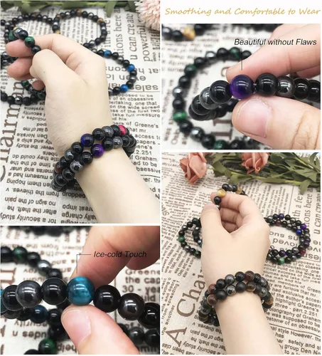 Vista 4 de JEWPARK - Juego de 8 pulseras de cuentas de hematita para hombres y mujeres, pulsera de piedra ajustable con energía curativa de 0.315in, pulsera