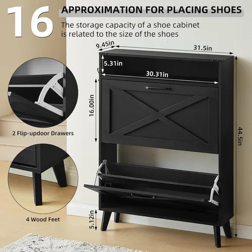 Vista 2 de Joaxswe Gabinete de Almacenamiento de Zapatos con 2 Cajones Abatibles, Organizador Estilo Granja para Entrada, Estante Oculto Estrecho con Patas