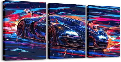 Vista 11 de Feelyou Cuadro azul de carreras para pared, 12 x 16 pulgadas, 3 piezas de autos deportivos de velocidad, lienzo para decoración de pared, diseño