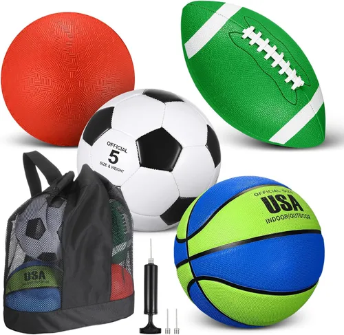 Vista 8 de Lenwen Juego de 4 pelotas deportivas, incluye tamaño oficial de baloncesto, fútbol, fútbol, parque infantil, bolsa de equipamiento