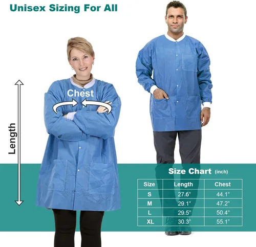 Vista 7 de Chaquetas de laboratorio desechables dentales Puños y cuello de punto suave SMS duraderos con 3 bolsillos Chaqueta de laboratorio médico