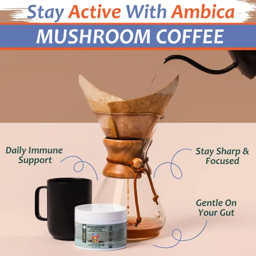 Vista 6 de Ambica Café molido de hongos instantáneos, orgánico USDA con diez café de hongos con melena de león, reishi, cordyceps y chaga para apoyo