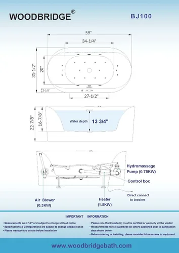 Vista 5 de WOODBRIDGE 59" × 31-1/2" Hidromasaje compacto y aire, bañera de remojo climatizada Whirlpool & Air Bubble Jets (16 Jets), Adjustable Air Blower