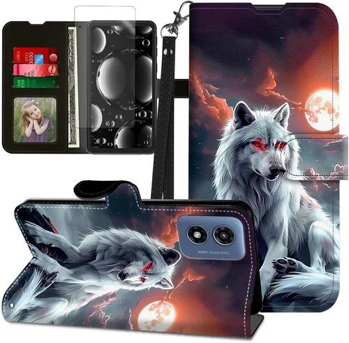 Vista 309 de Funda para Motorola Edge 2022 con protector de pantalla, soporte y tarjetero y correa para la muñeca, funda magnética para Moto Edge 2022 5G UW Lobo