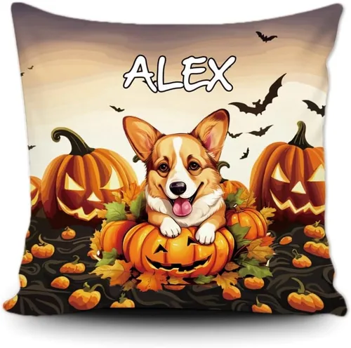 Vista 17 de Funda de almohada personalizada de Halloween, diseño de calabaza, lindo cachorro, funda decorativa de lona para sofá, 16 x 16 pulgadas, estampado