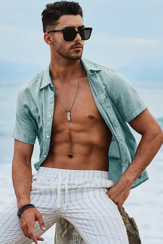 Vista 127 de JMIERR Camisas de vestir a rayas con botones y manga corta para hombre