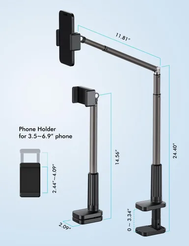 Vista 4 de Viozon Soporte para teléfono, brazo largo flexible, montaje superior, ángulo ajustable de 360°, aleación de aluminio, abrazadera C para cabecero