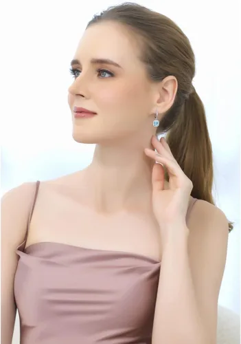 Vista 2 de Aretes para mujer, aretes de piedra natal, aretes de piedras preciosas genuinas o sintéticas, aretes de halo, aretes colgantes, aretes delicados
