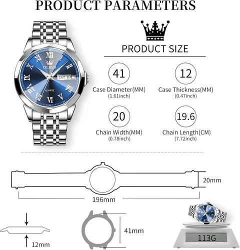 Vista 4 de OLEVS Mens Watches Dress Waterproof Watch with Date Day Analog Quartz Wrist Watch Large Roman Numerals Classic Luxury Luminous Scales 41mm Big Face
