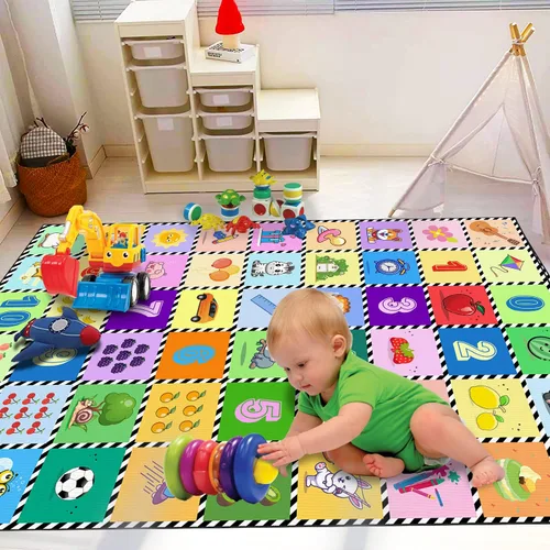 Vista 2 de Alfombra educativa ABC de juego con números para niños, 3.3 x 5.2 pies, patrón de animales frutales para habitación de niños, sala