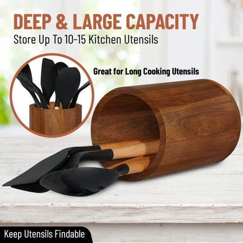 Vista 5 de Homeries Soporte para utensilios de madera de acacia para decoración de encimera de cocina, organizador de utensilios de cocina, organizador