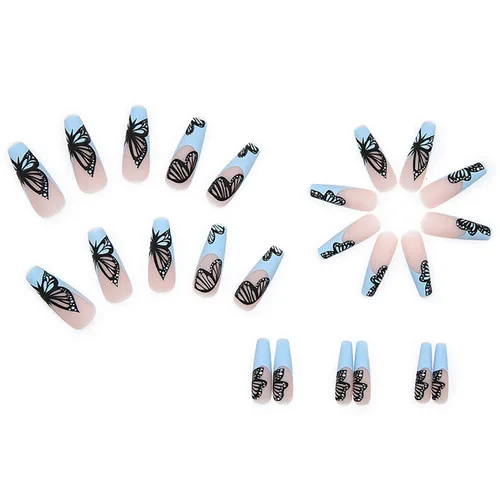 Vista 2 de Uñas postizas a presión con forma de ataúd súper largas, 24 uñas postizas reutilizables de cobertura completa con pestañas adhesivas, uñas postizas