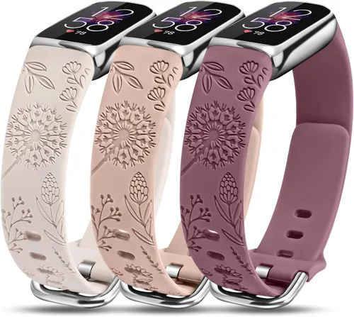 Vista 9 de Paquete de 3 correas compatibles con Fitbit Luxe para mujer, de silicona suave, con grabado floral, correa deportiva de diente de león, repuesto