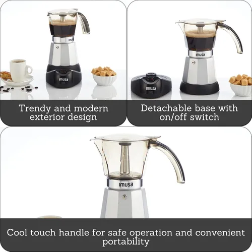 Vista 9 de IMUSA Máquina eléctrica de café expreso de 6 o 3 tazas, color plateado