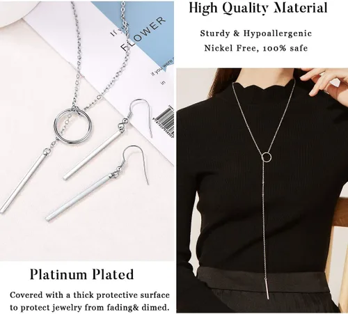 Vista 5 de FOCALOOK Vertical Bar Jewelry Set for Women Y-Necklaces for Women Lariat Bar Necklace Dangle Black Earrings Drop Bar Earrings