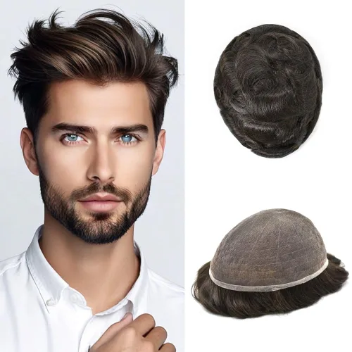Vista 46 de Peluca de cabello humano con encaje completo, línea capilar real, para hombre, peluca de cabello con nudo blanqueado, pieza de pelo para hombres