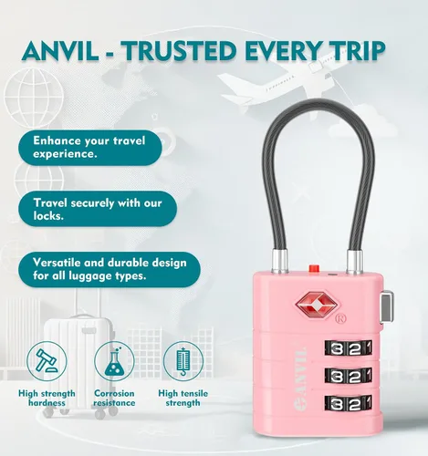Vista 4 de ANVIL Candados para Equipaje Aprobados por TSA – Candados de Viaje de Combinación TSA008 de Alta Seguridad con Indicador de Inspección para Maletas
