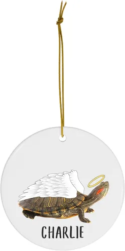 Vista 2 de Deslizador de orejas rojas alas de ángel de tortuga, adornos de Navidad personalizados conmemorativos 2026 círculo blanco cerámica dueño mascotas