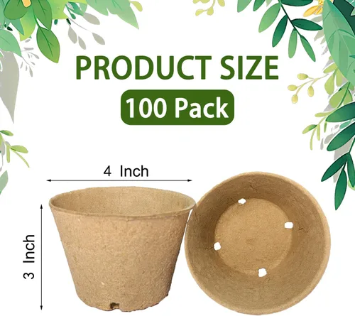 Vista 2 de Paquete de 100 macetas de turba de 4 pulgadas, macetas biodegradables con agujeros de drenaje para jardinería interior/exterior, macetas ecológicas
