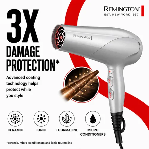 Vista 2 de Remington Secador de Pelo con Protección contra Daños con Tecnología de Cerámica Iónica y Turmalina, Gris, Difusor y Concentrador, Set de 3 Piezas