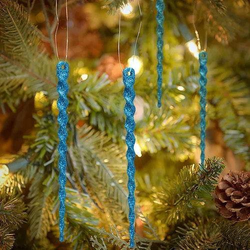 Vista 5 de AMS Adornos de carámbanos de plástico con purpurina brillante, 30 piezas de carámbanos torcidos, decoración para árbol de Navidad y colgar en Azul