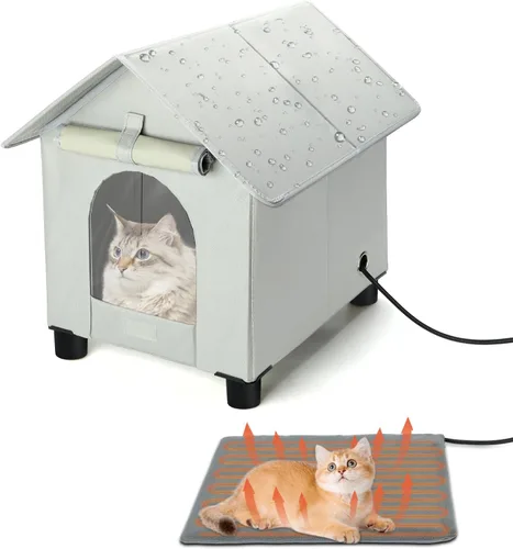 Vista 8 de Casas térmicas para gatos en invierno, impermeables, casa para gatos con calefacción elevada, aislada, exterior, refugio con puerta de escape